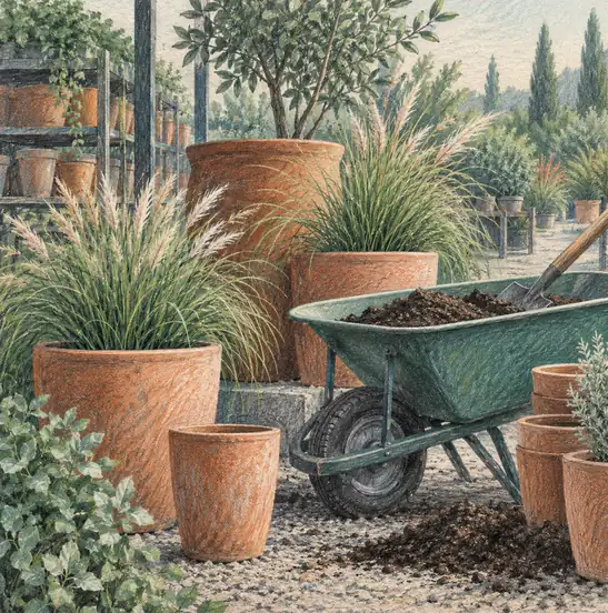 Illustration of landscaping businesses equipment and workspace